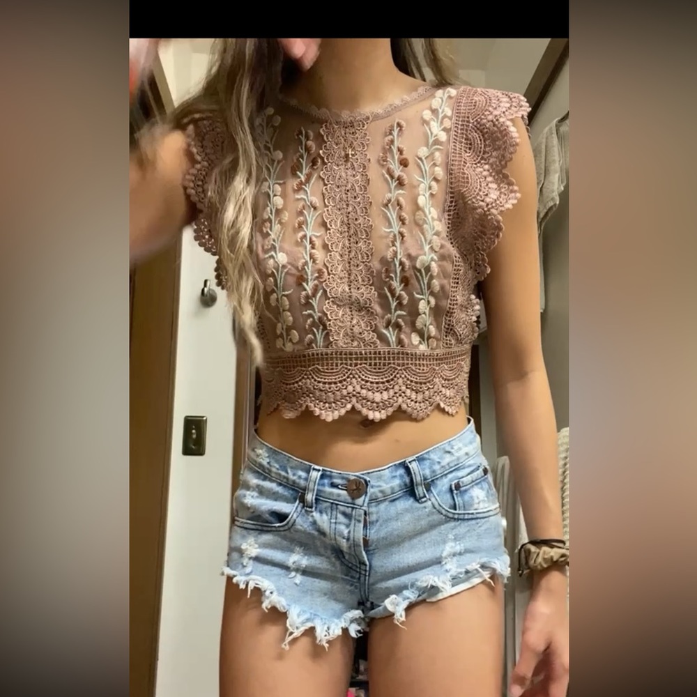 Free People XS Mauve Rose Sheer Lace Boho Top